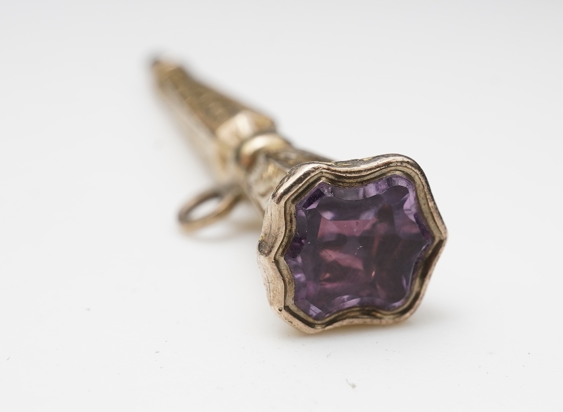 A small group of assorted collectables and jewellery including a Dunhill lighter, 64mm, a George V silver and enamel small compact, silver thimble, two Victorian garnet set brooches, an Edwardian 9ct, amethyst and seed p